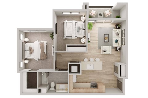 Floor plan for 2 beds, 1 bath, 891 sqft
